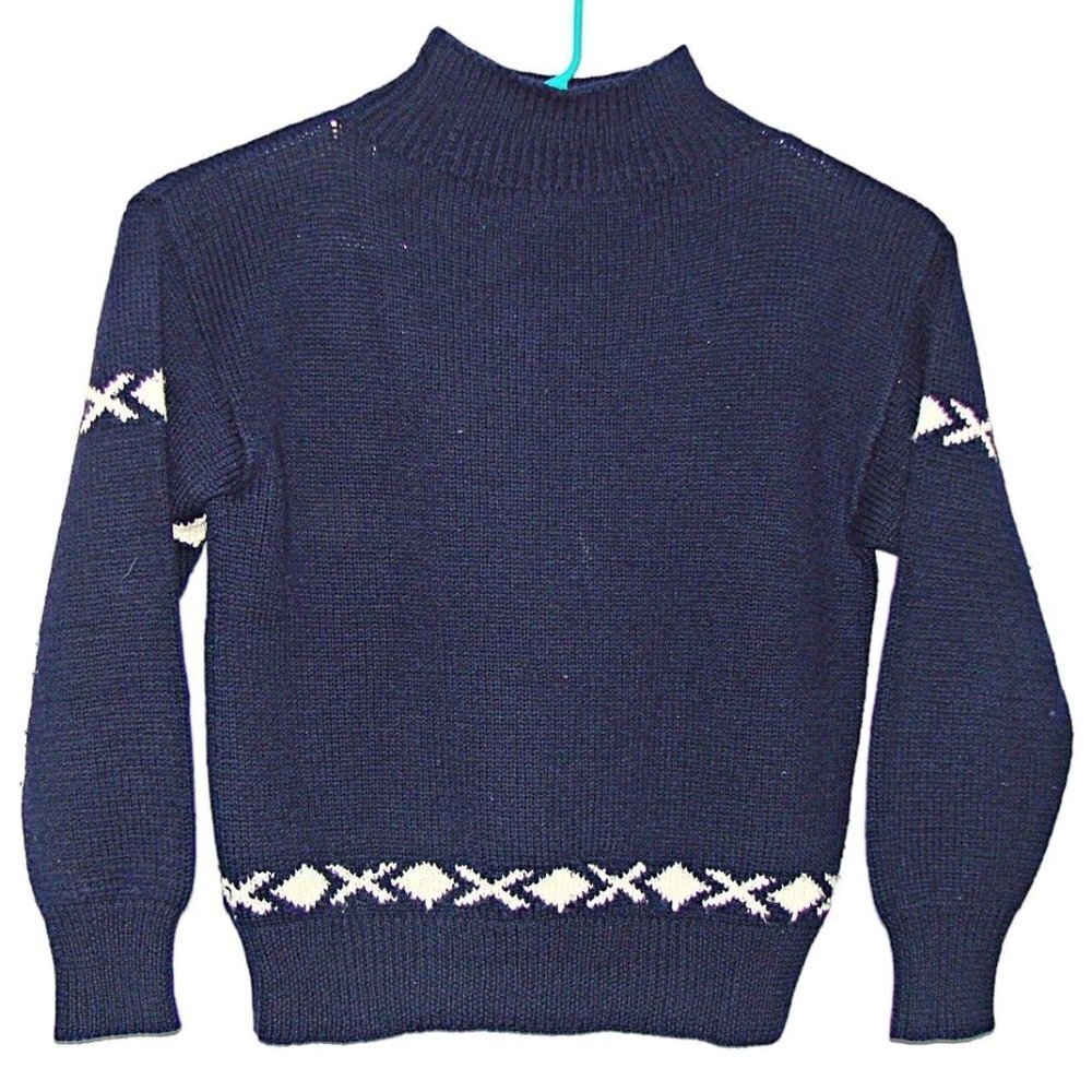 Northwear 100% Wool Navy Blue White Pullovr Sweater High Collar Unisex Sz XL Vtg
